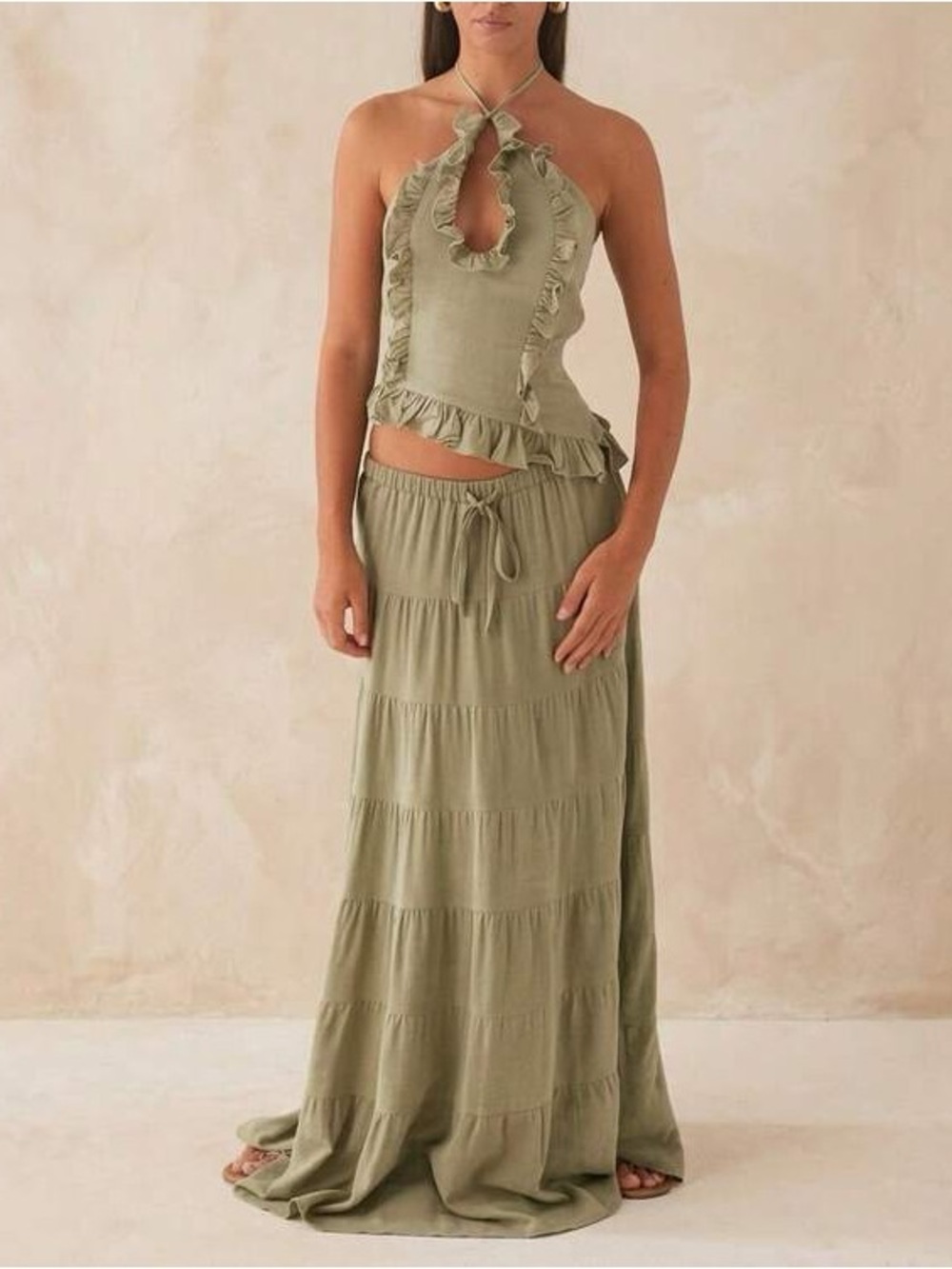 Olive Green Ruffled Maxi Skirt - Women's Tiered Boho Skirt